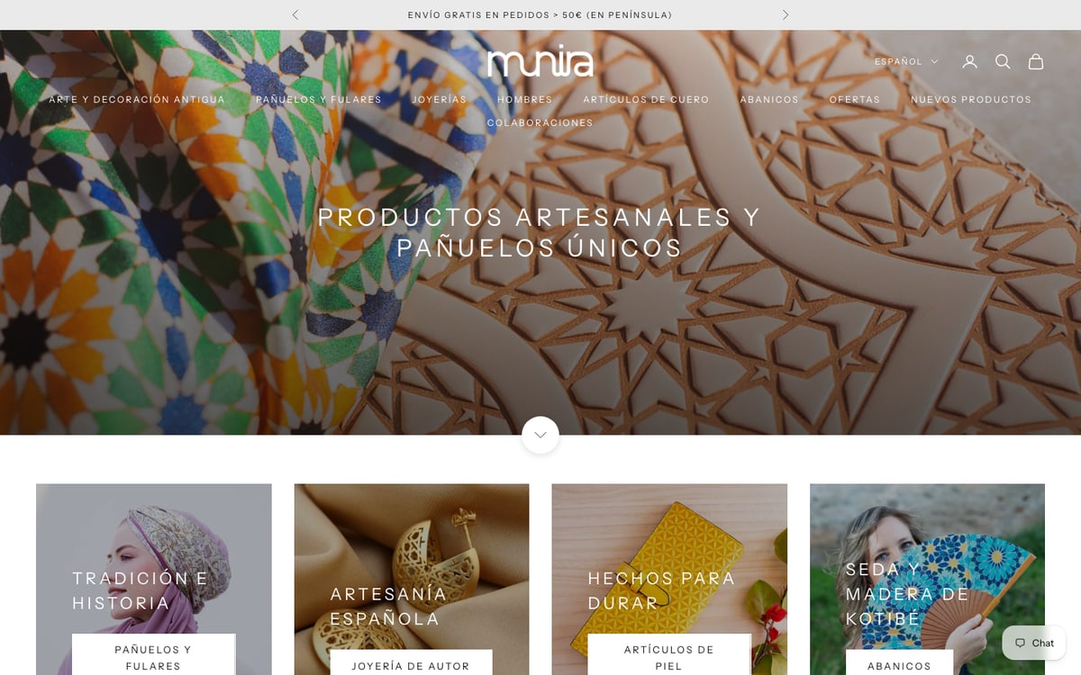 Captura de pantalla de la home de Munira Leather