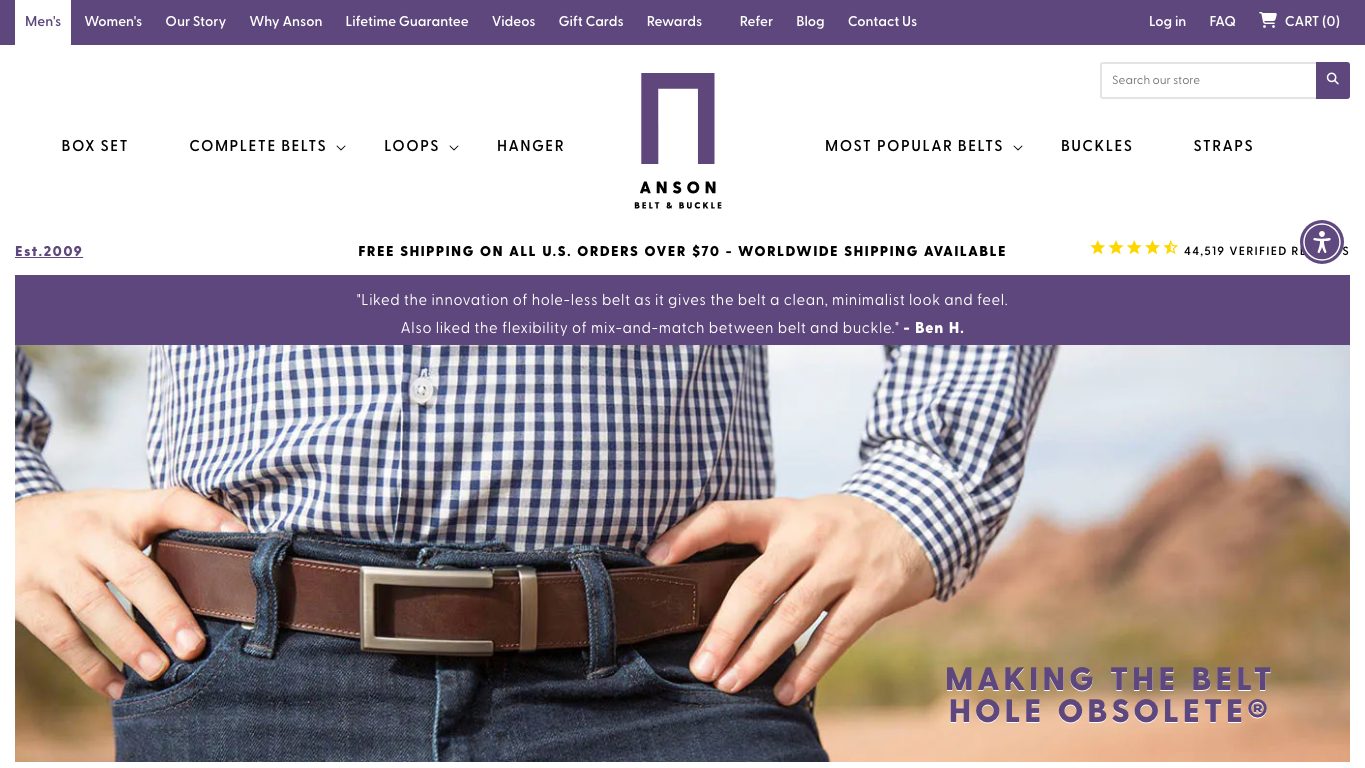 Captura de pantalla de la home de Anson Belt & Buckle