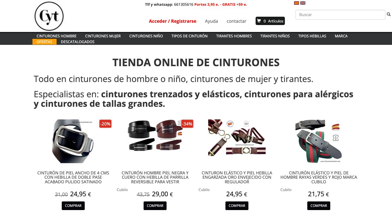 Captura de pantalla de la home de Cinturones y Tirantes