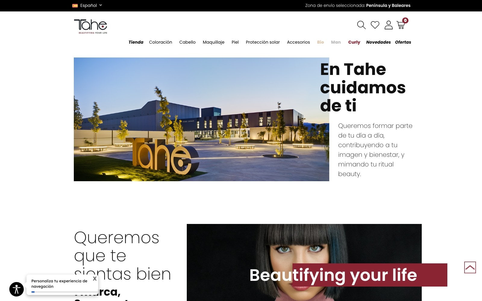 Captura de pantalla de la home de Tahe