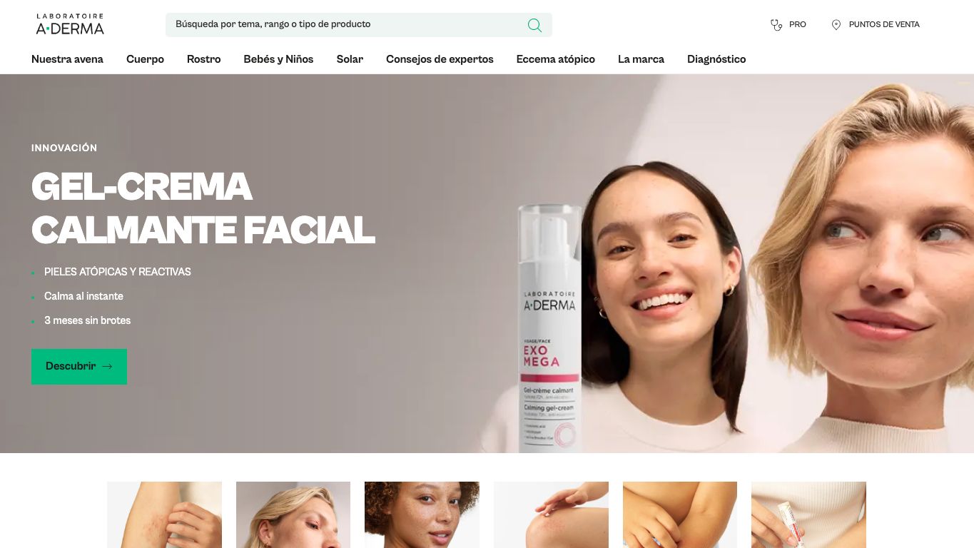 Captura de pantalla de la home de A-Derma