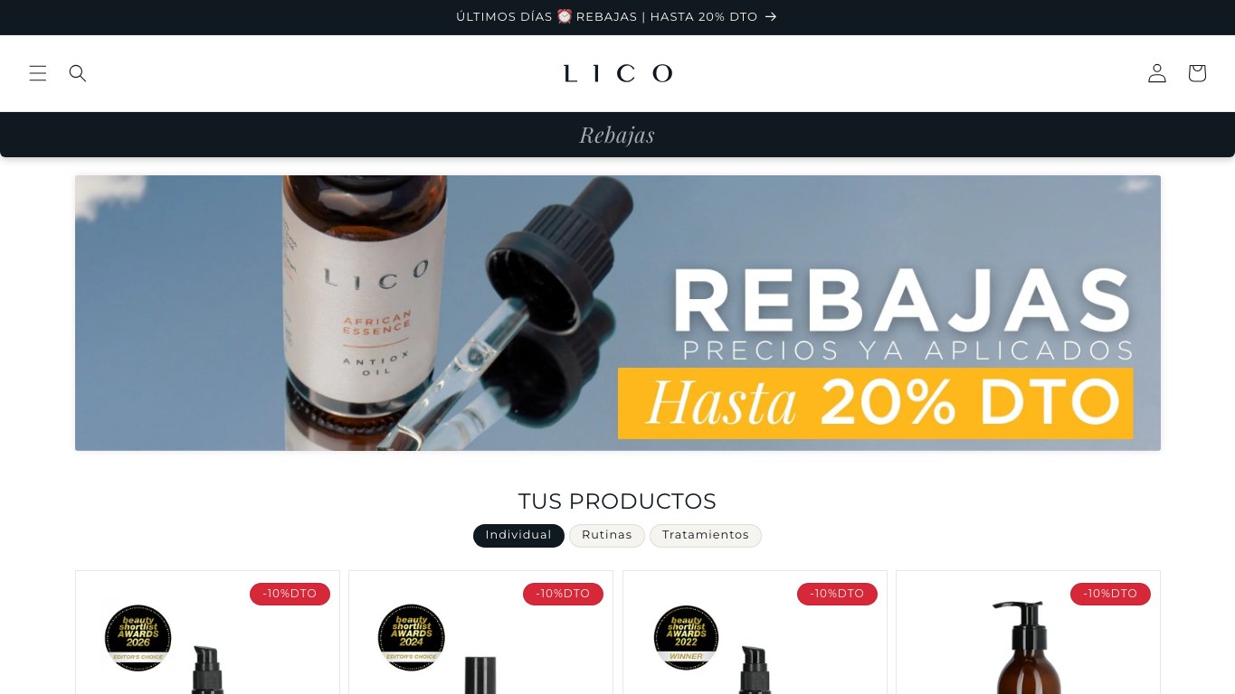 Captura de pantalla de la home de LICO Cosmetics