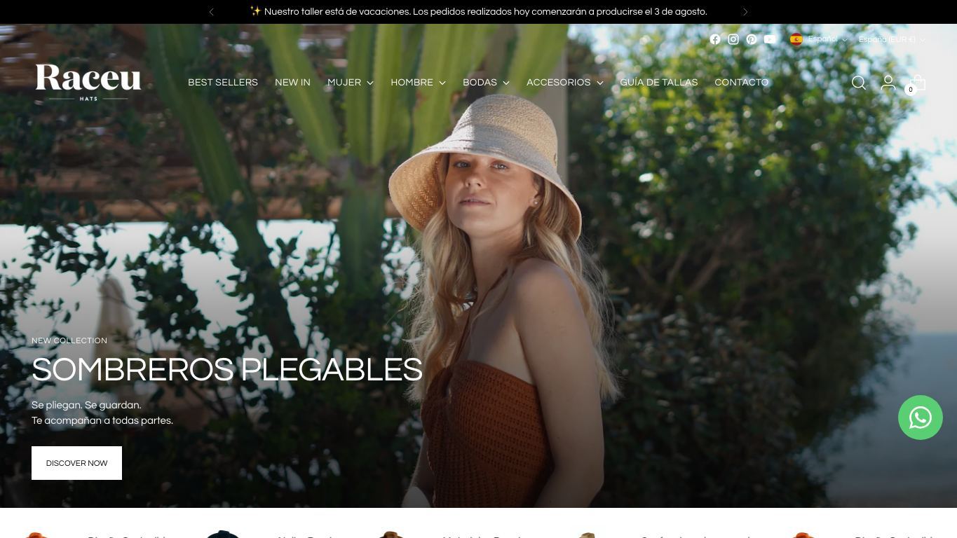 Captura de pantalla de la home de Raceu Hats