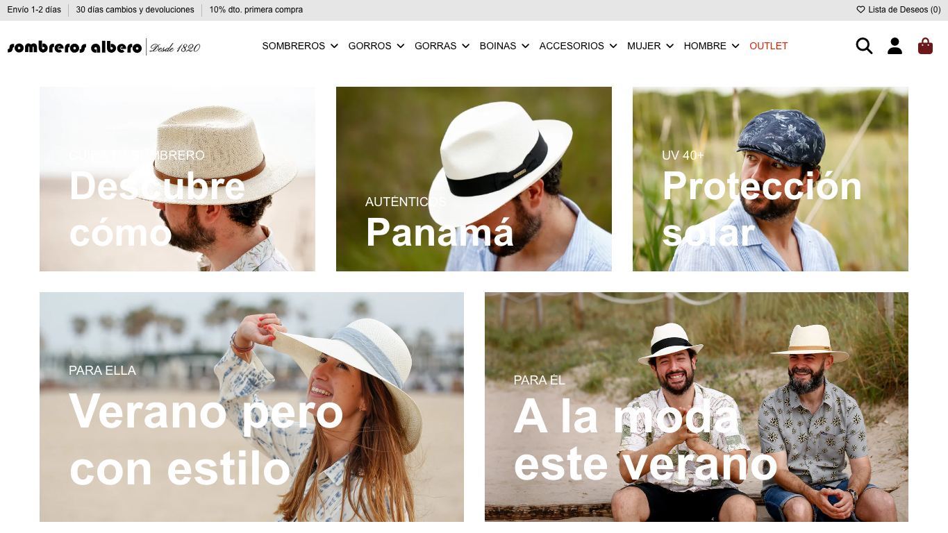Captura de pantalla de la home de Sombreros Albero