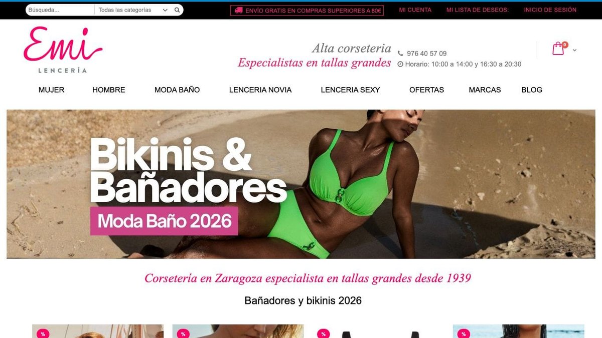 Captura de pantalla de la home de Lencería Emi