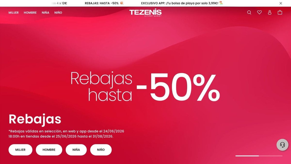 Captura de pantalla de la home de Tezenis