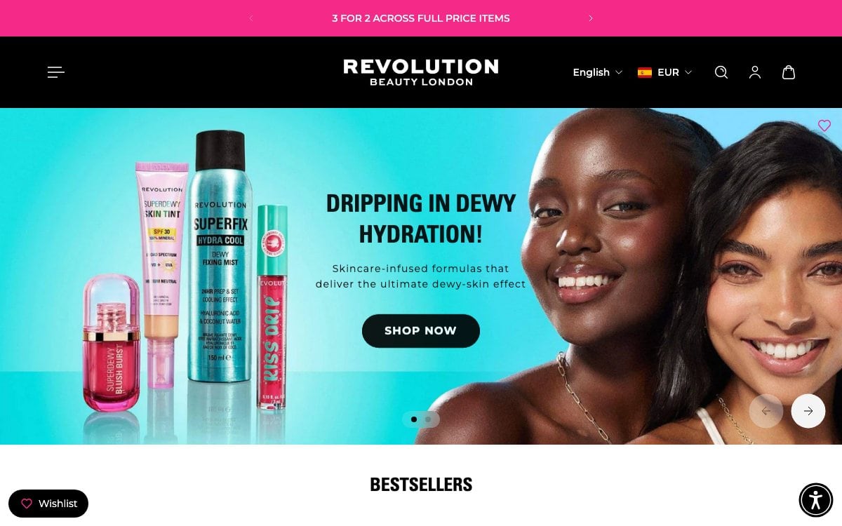 Captura de pantalla de la home de Revolution Beauty
