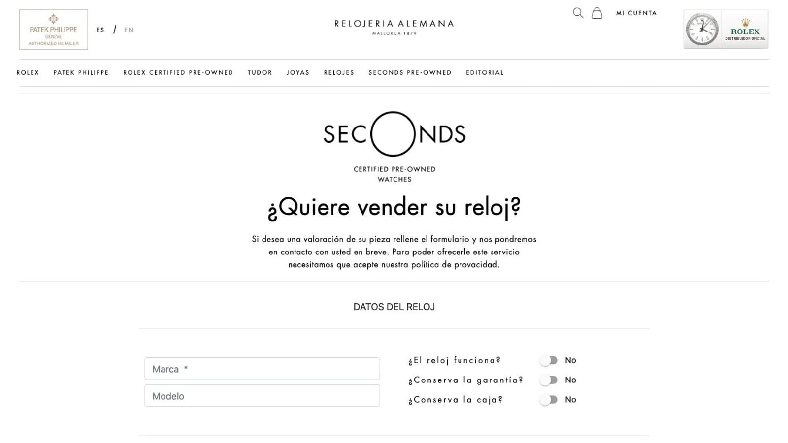 Captura de pantalla de la home de Relojería Alemana