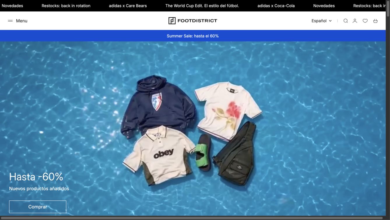 Captura de pantalla de la home de FOOTDISTRICT