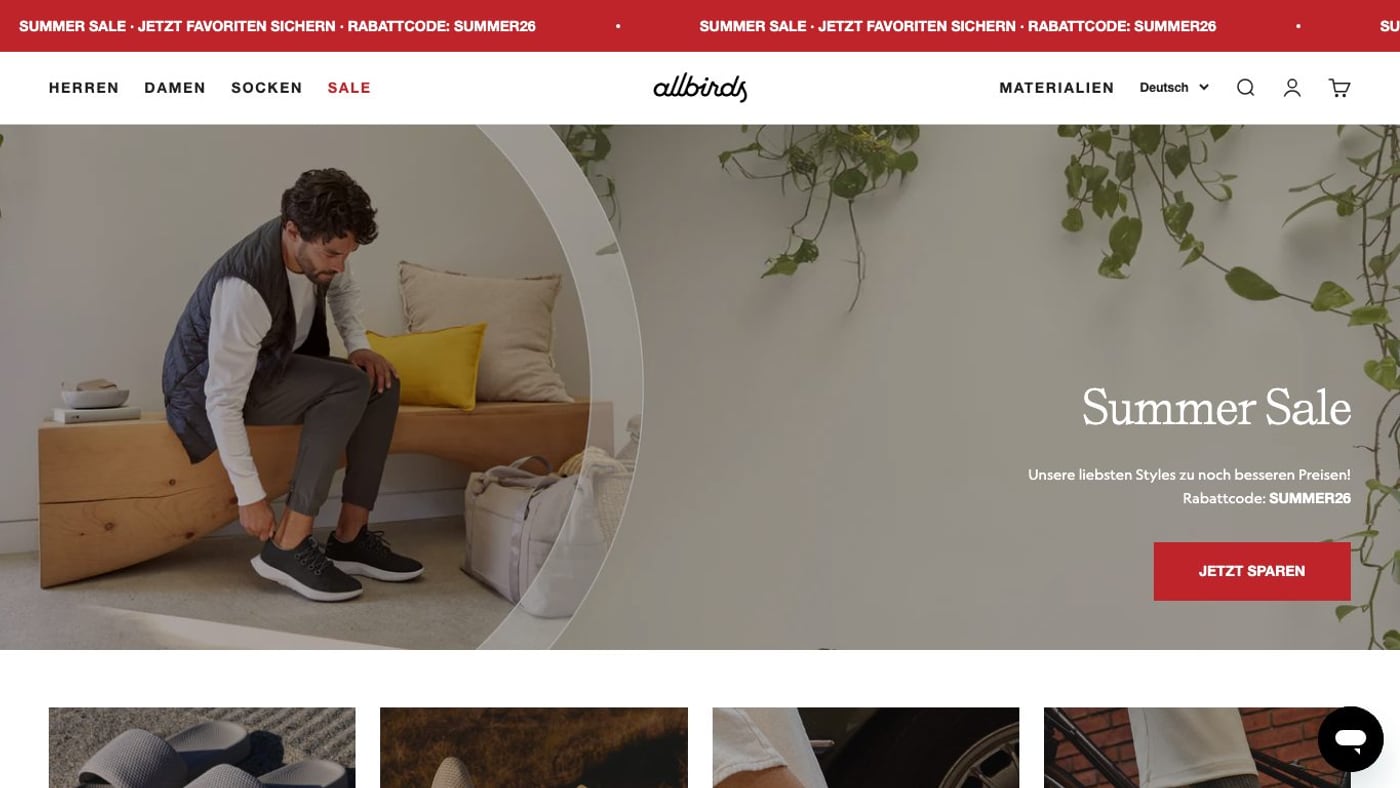 Captura de pantalla de la home de Allbirds